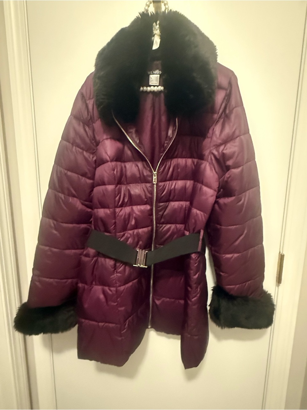 Belted Plush Faux-Fur Trim Quilted Coat in Deep Plum. Size M.
